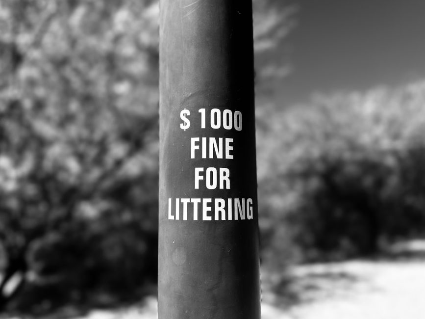 A black pole with a rectangular white sign attached, displaying the message '$1000 FINE FOR LITTERING' in bold, uppercase letters. The pole is positioned outdoors, standing on a ground surface that ap